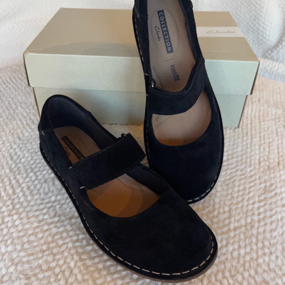 Clarks Collection soft cushion women’s black suede Mary Jane shoes